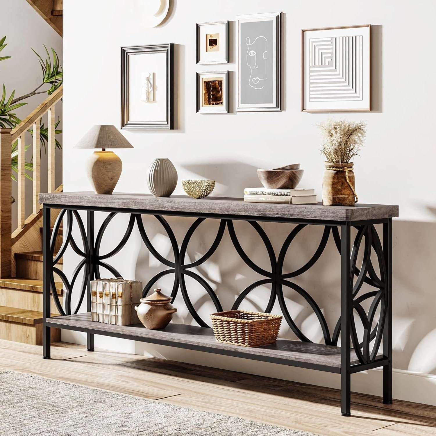 Modern 70-inch Long Narrow Foyer Entryway Table with Grey Wood Top and Shelf HomePacific