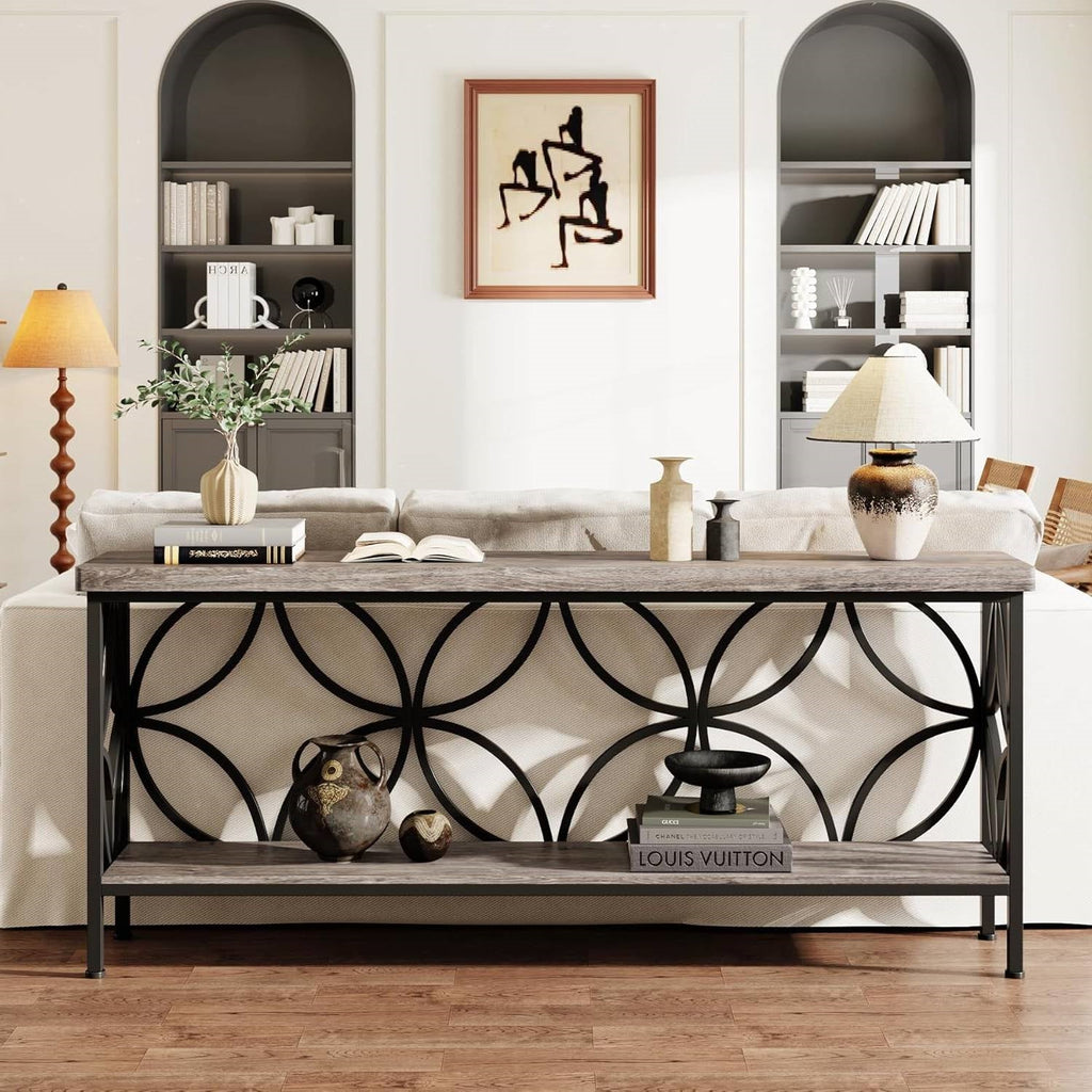 Modern 70-inch Long Narrow Foyer Entryway Table with Grey Wood Top and Shelf HomePacific