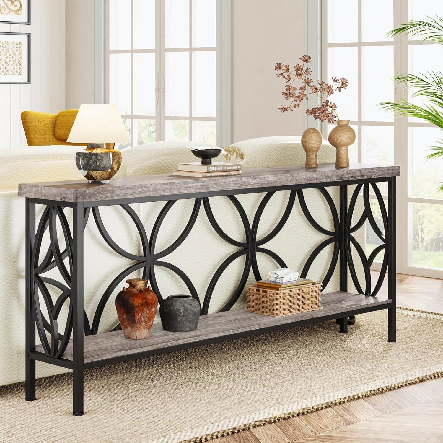 Modern 70-inch Long Narrow Foyer Entryway Table with Grey Wood Top and Shelf HomePacific