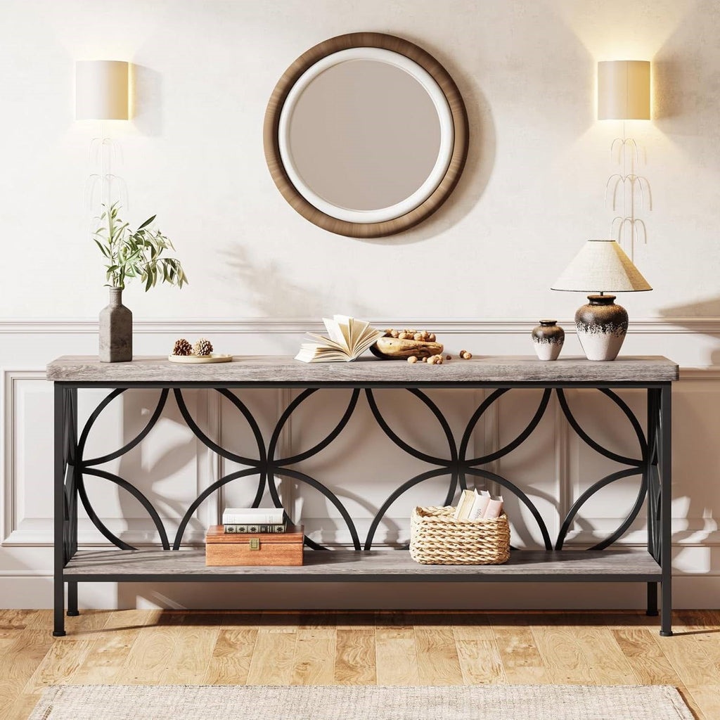 Modern 70-inch Long Narrow Foyer Entryway Table with Grey Wood Top and Shelf HomePacific