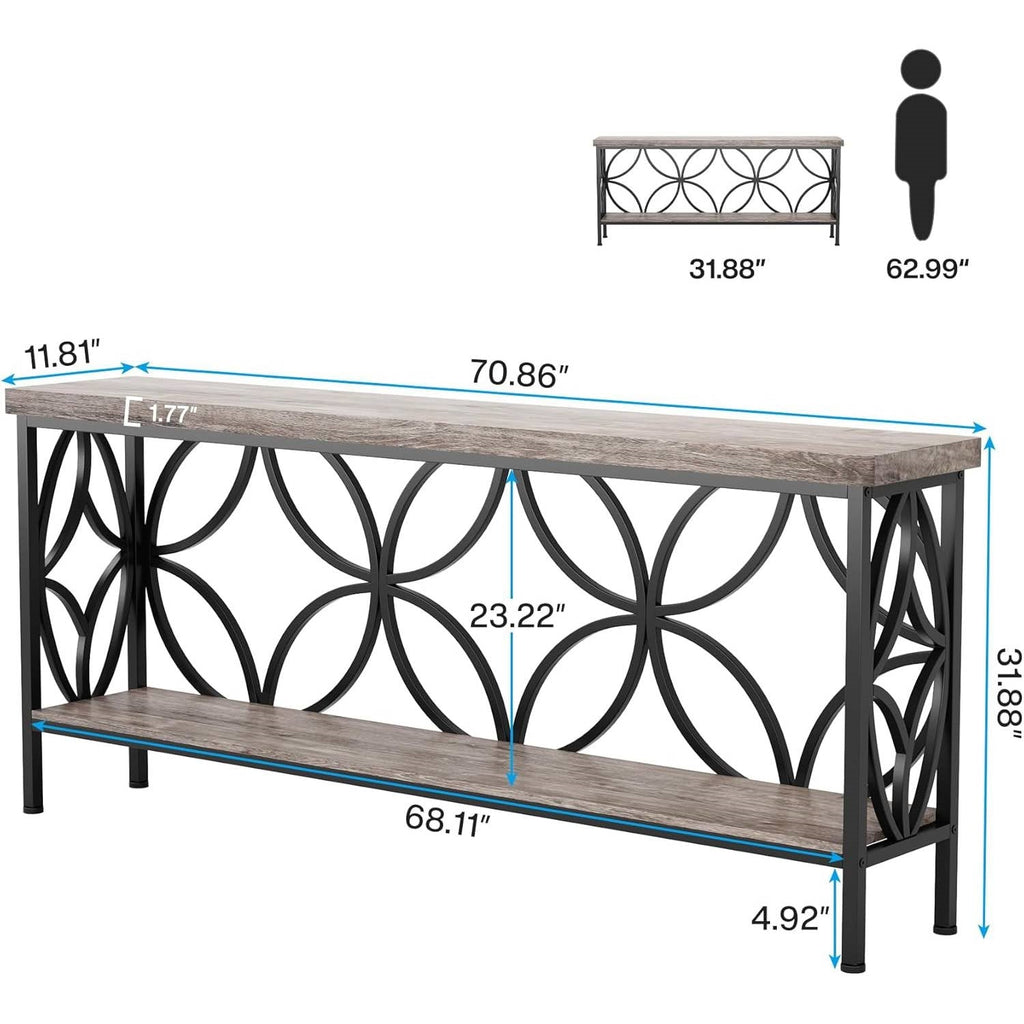 Modern 70-inch Long Narrow Foyer Entryway Table with Grey Wood Top and Shelf HomePacific