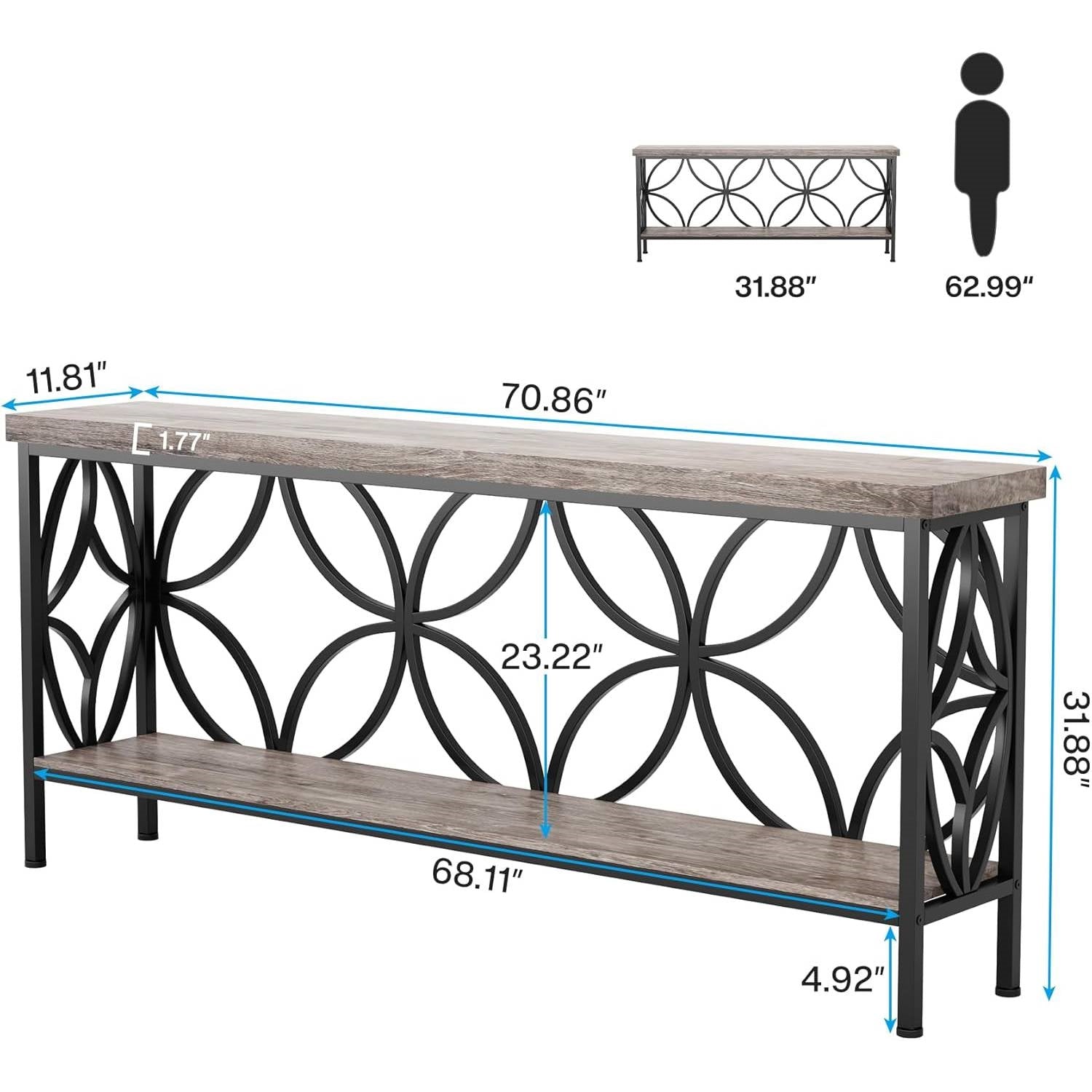 Modern 70-inch Long Narrow Foyer Entryway Table with Grey Wood Top and Shelf HomePacific