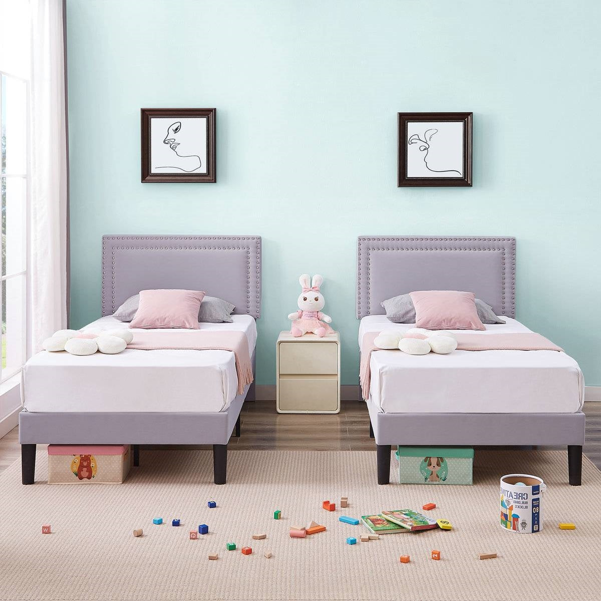 Set of 2 - Twin size Grey Upholstered Platform Bed Frame with Headboard HomePacific