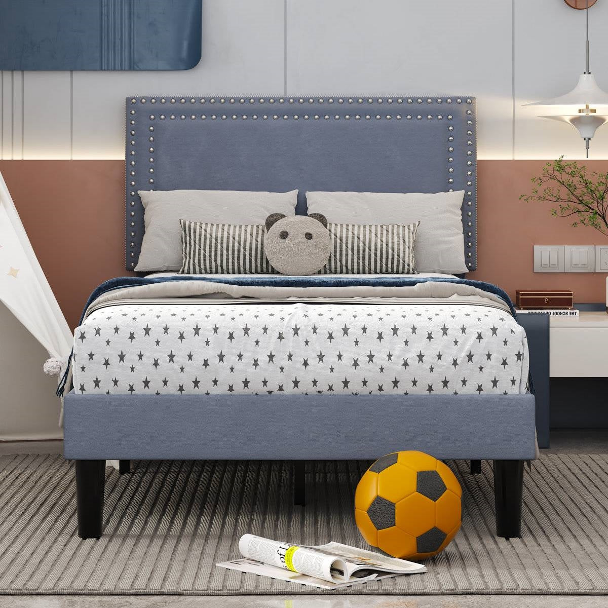 Set of 2 - Twin size Grey Upholstered Platform Bed Frame with Headboard HomePacific