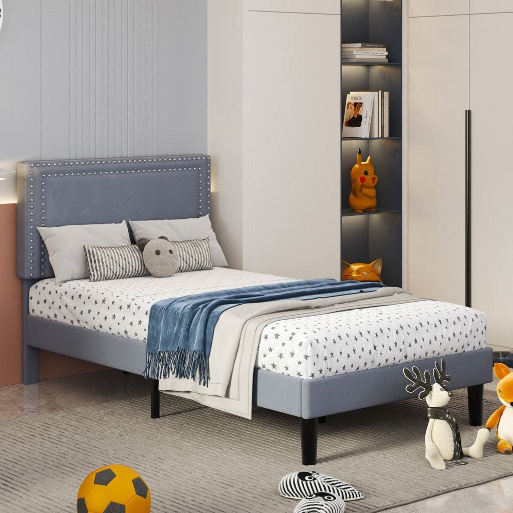 Set of 2 - Twin size Grey Upholstered Platform Bed Frame with Headboard HomePacific