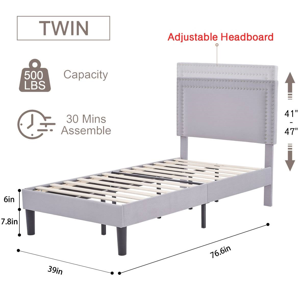 Set of 2 - Twin size Grey Upholstered Platform Bed Frame with Headboard HomePacific