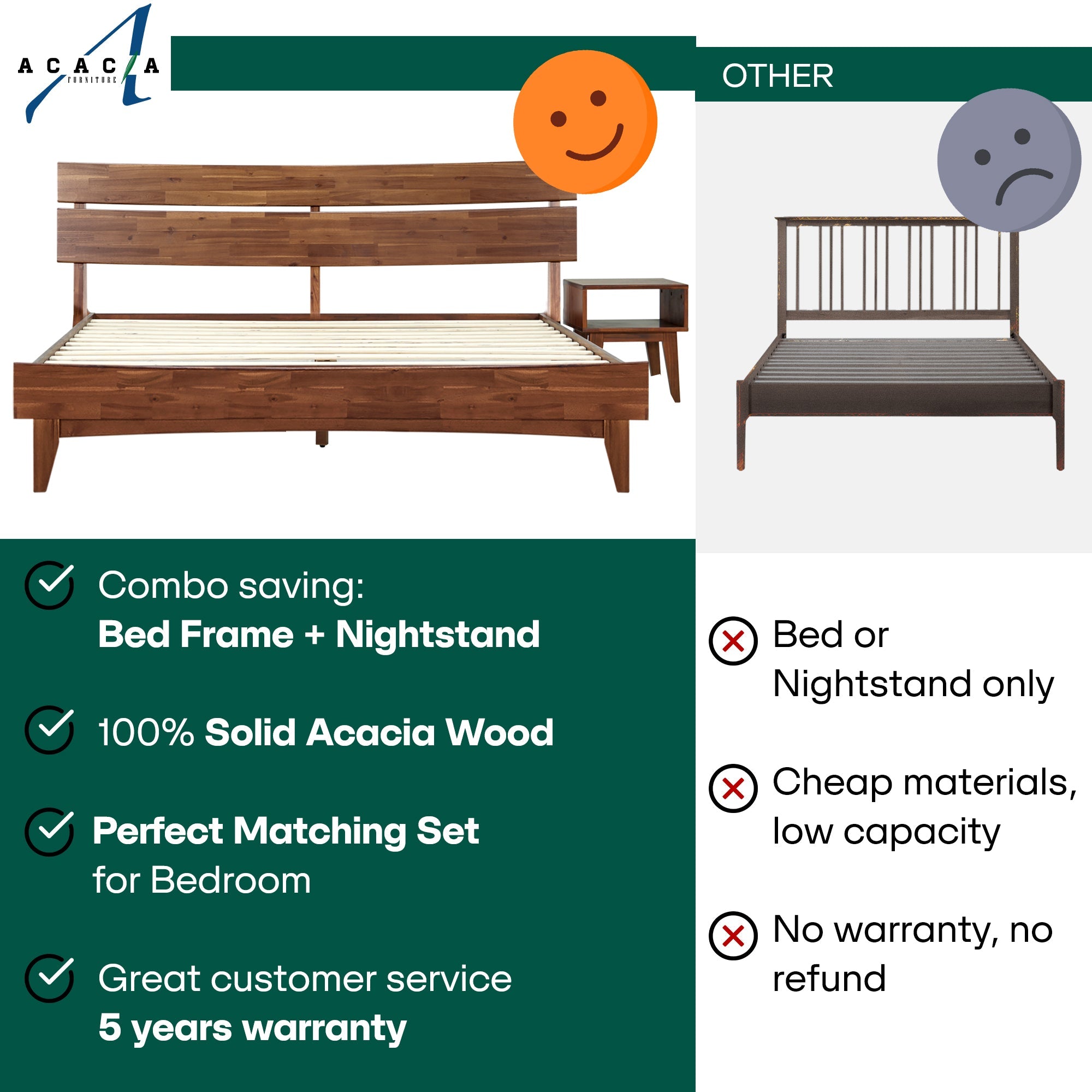 [Buy 1 Get 1] Aurora Solid Wood Bed Frame & Nightstand Megsu