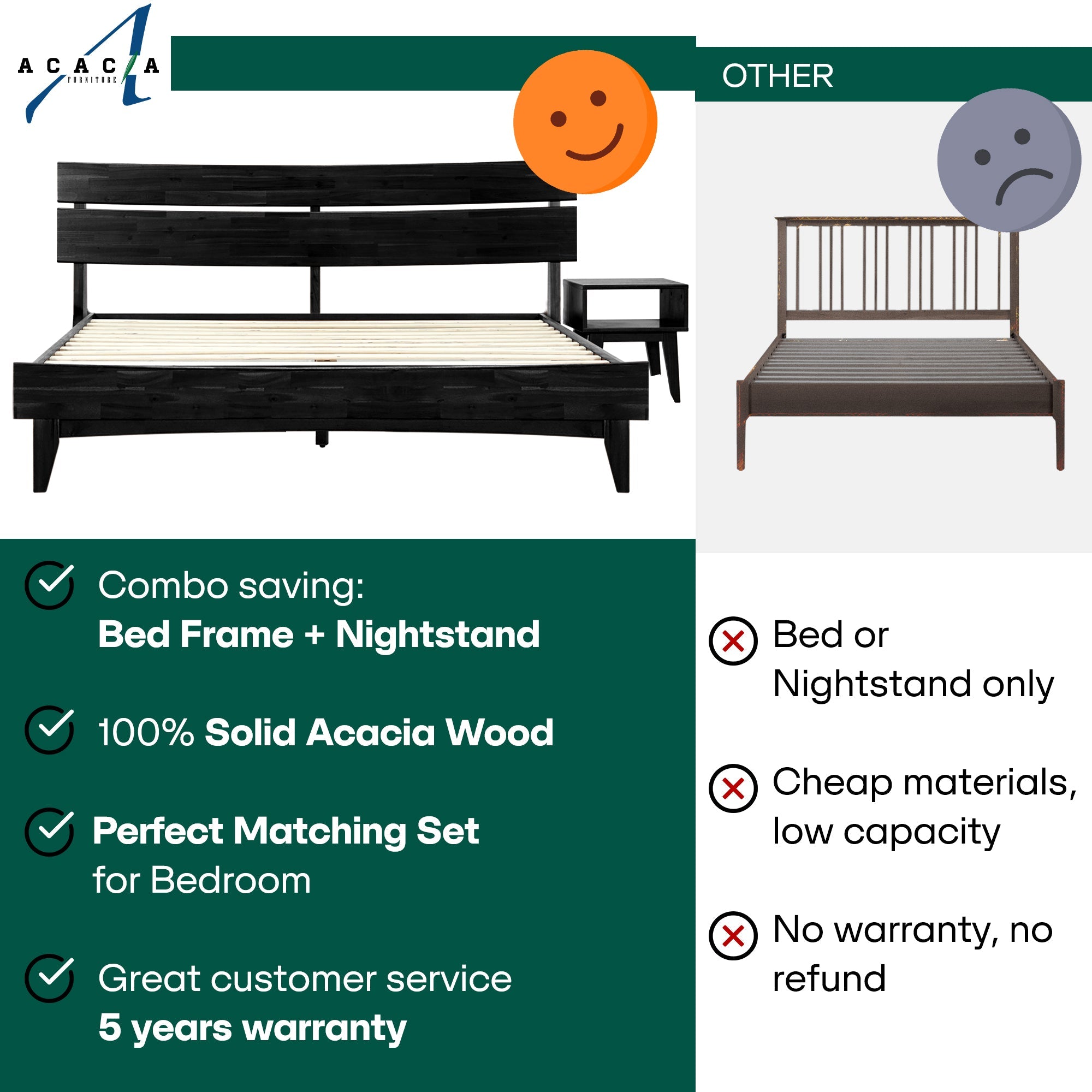 [Buy 1 Get 1] Aurora Solid Wood Bed Frame & Nightstand Megsu