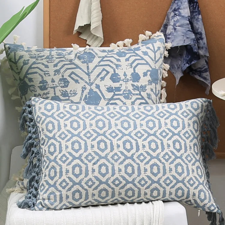 DecorBites™ Blue Tassel Cushion Cover 45x45cm/30x50cm for Home Decor, Boho Style Vintage Pillow