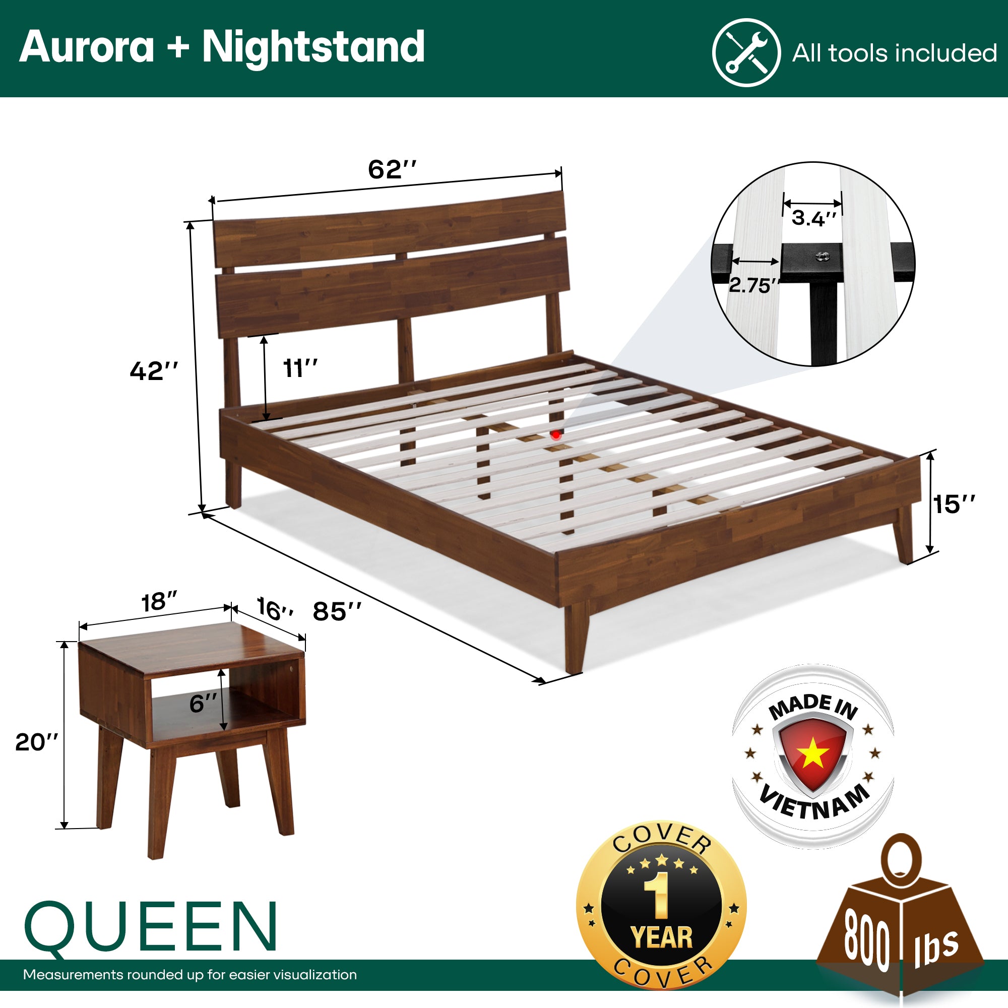 [Buy 1 Get 1] Aurora Solid Wood Bed Frame & Nightstand Megsu