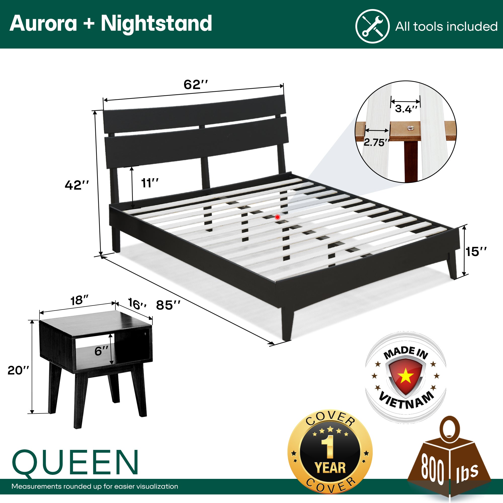 [Buy 1 Get 1] Aurora Solid Wood Bed Frame & Nightstand Megsu