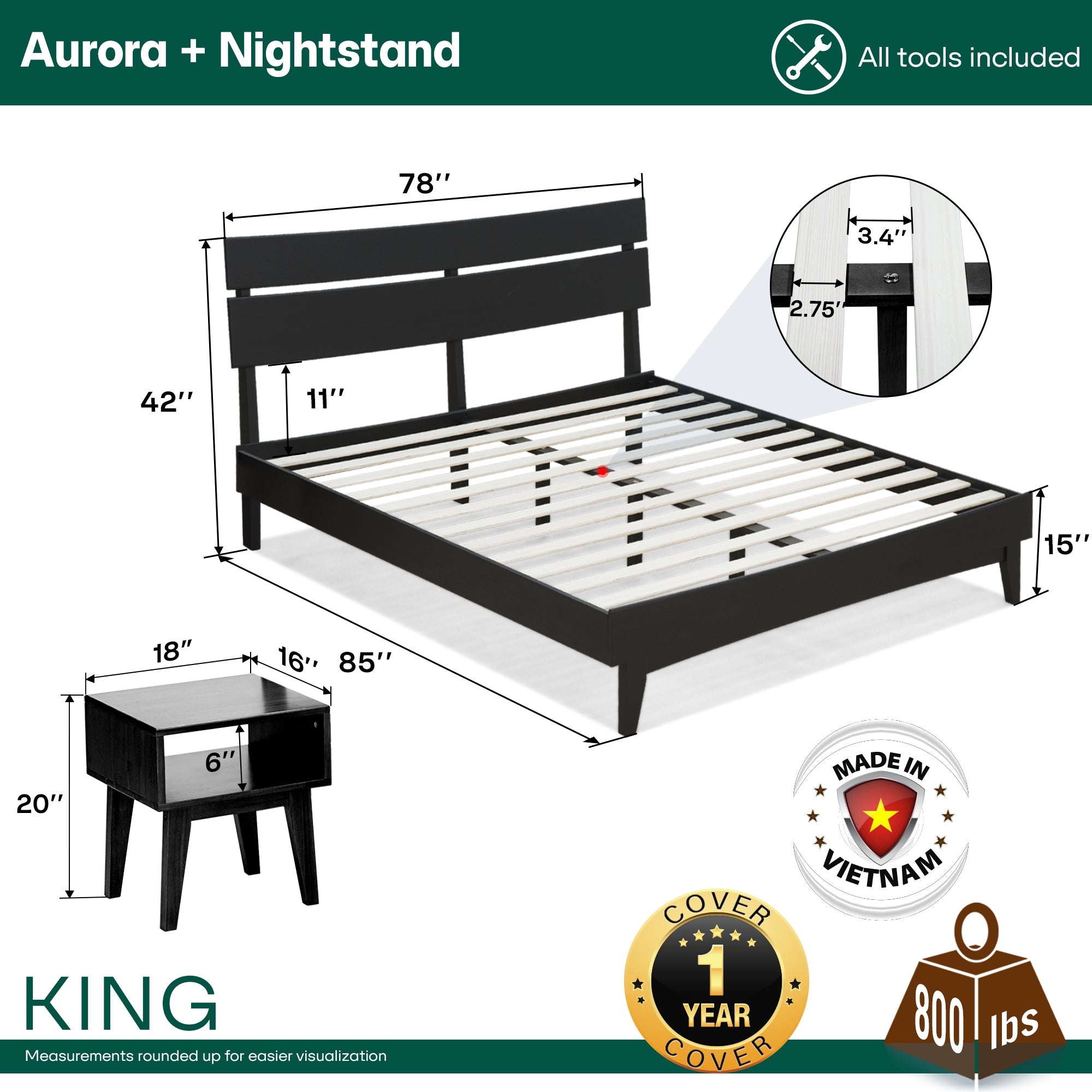 [Buy 1 Get 1] Aurora Solid Wood Bed Frame & Nightstand Megsu