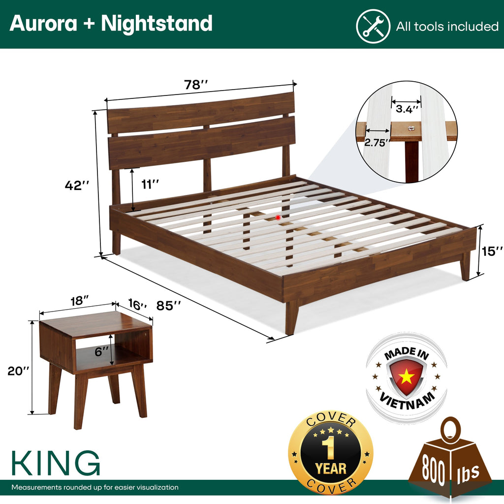 [Buy 1 Get 1] Aurora Solid Wood Bed Frame & Nightstand Megsu