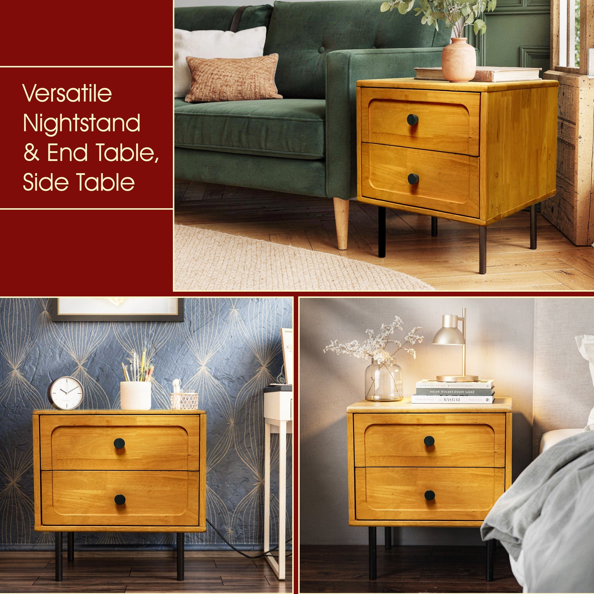 Savana Solid Wood 2-Drawer Nightstand Megsu