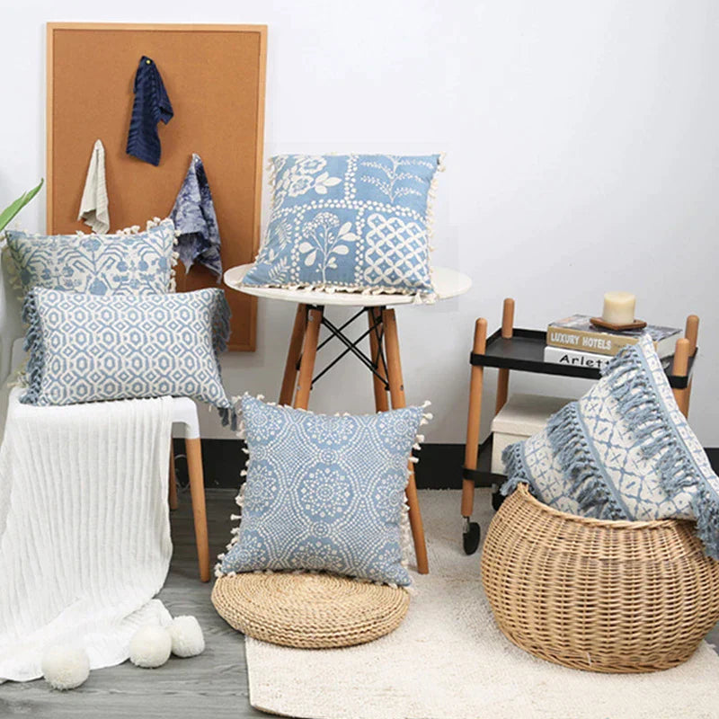 DecorBites™ Blue Tassel Cushion Cover 45x45cm/30x50cm for Home Decor, Boho Style Vintage Pillow