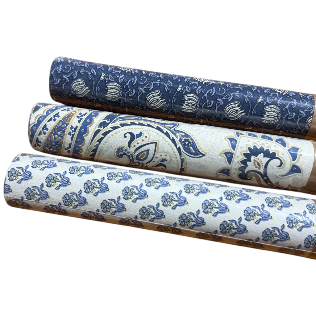 Handmade Blue Paisley Print Recycled Wrapping Paper Sheets Rust & Cinder