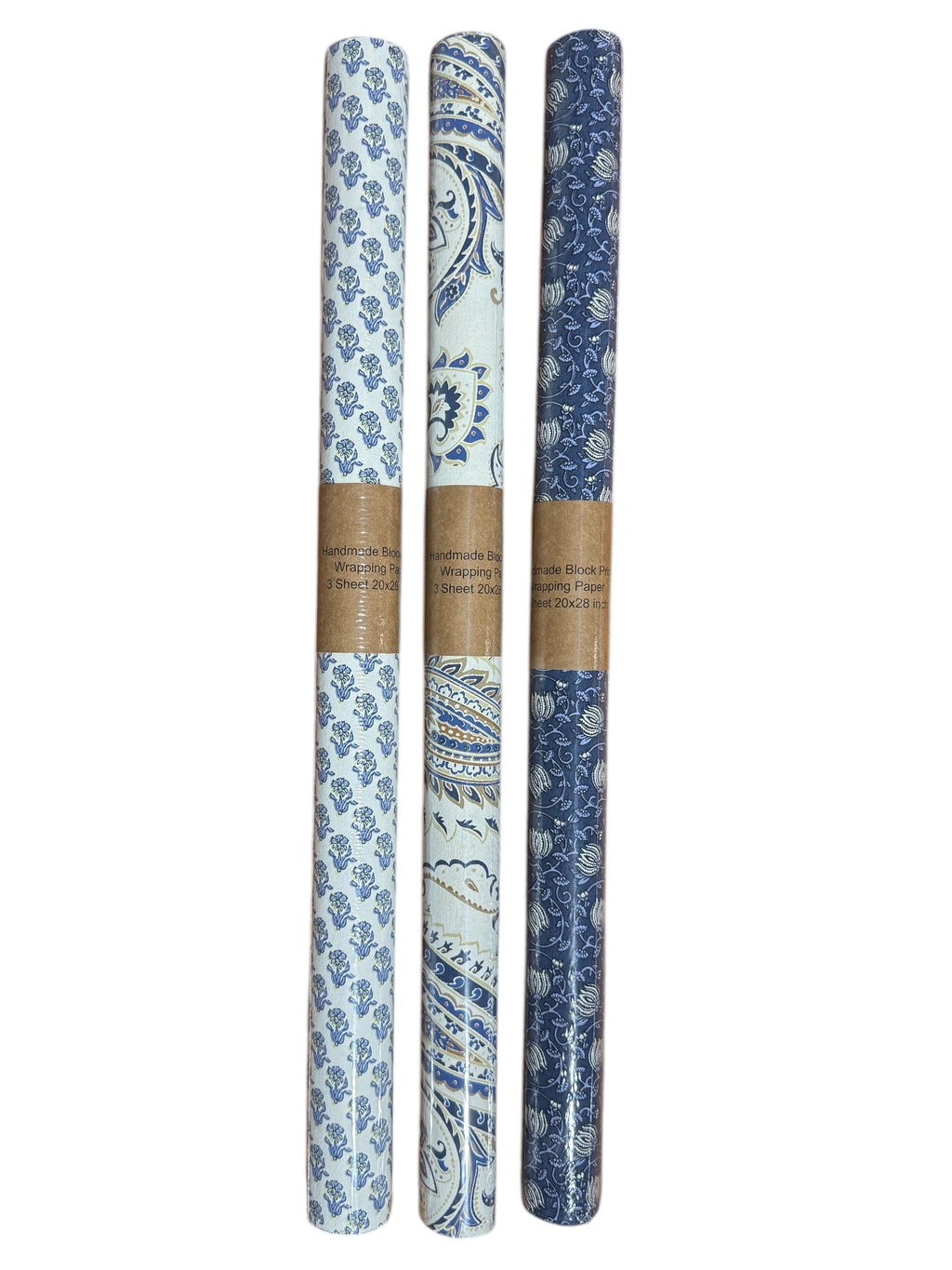 Handmade Blue Paisley Print Recycled Wrapping Paper Sheets Rust & Cinder