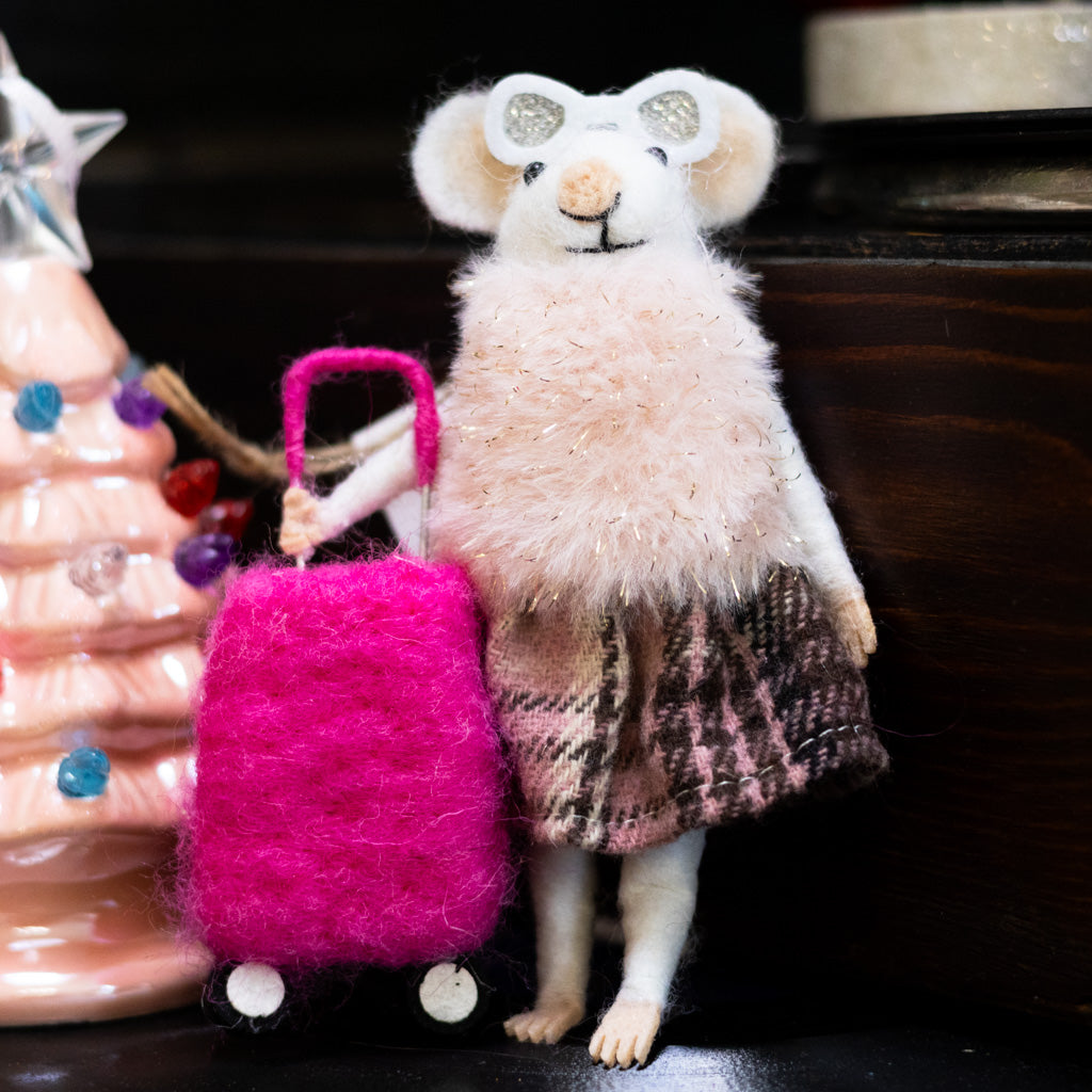 Felt "Traveling" Mouse with Sunglasses and Fur Coat Holding a Suitcase Ornament Branches Designs