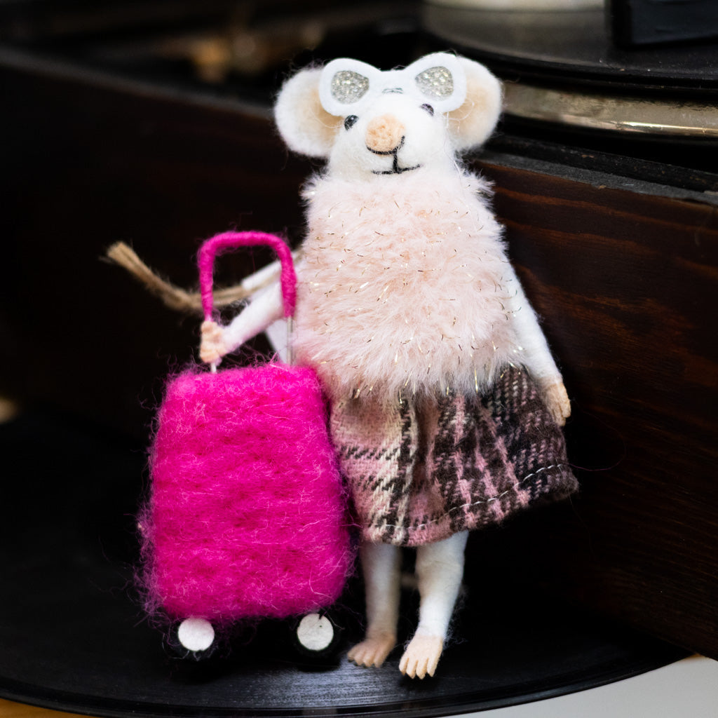 Felt "Traveling" Mouse with Sunglasses and Fur Coat Holding a Suitcase Ornament Branches Designs