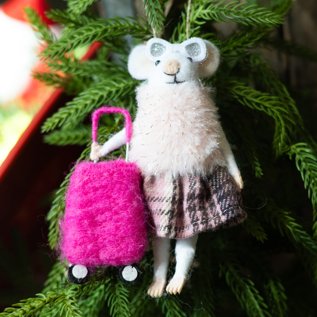 Felt "Traveling" Mouse with Sunglasses and Fur Coat Holding a Suitcase Ornament Branches Designs