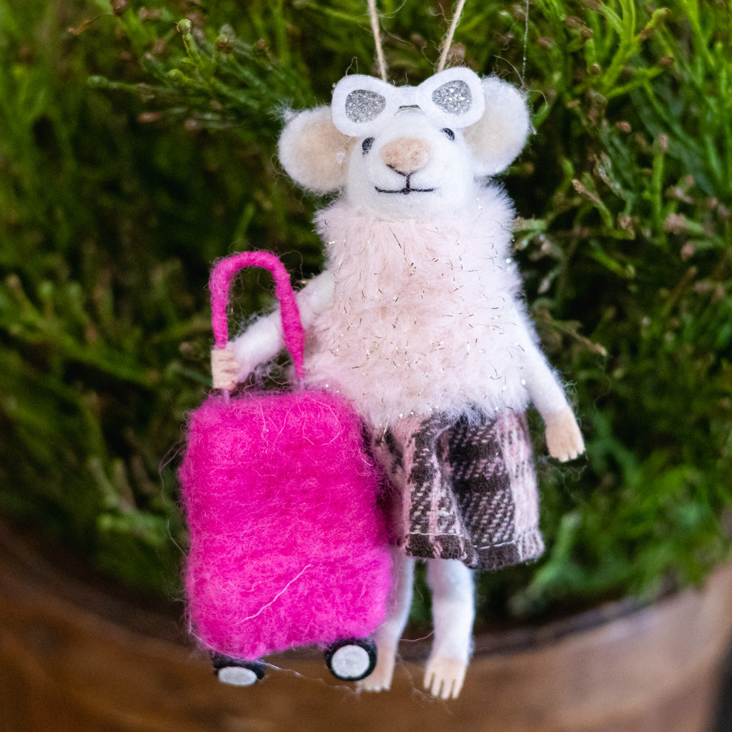 Felt "Traveling" Mouse with Sunglasses and Fur Coat Holding a Suitcase Ornament Branches Designs