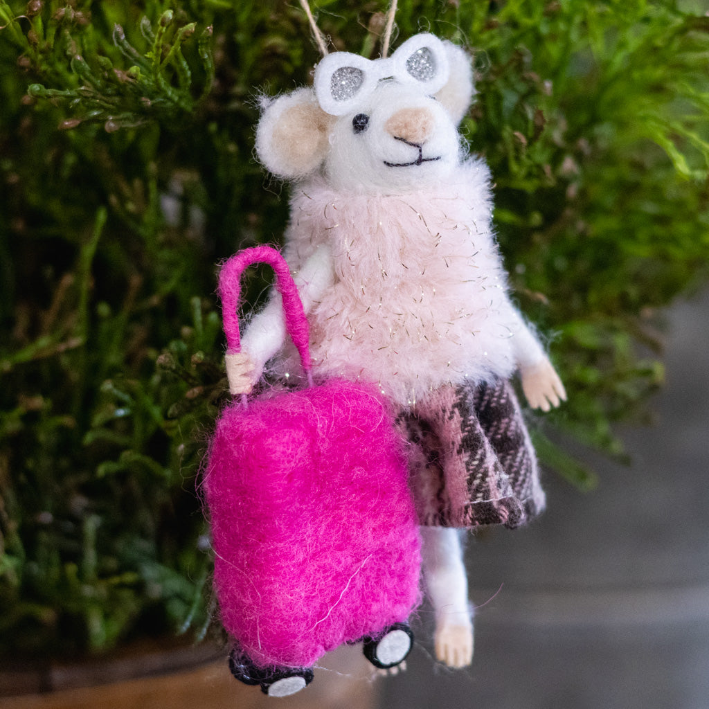 Felt "Traveling" Mouse with Sunglasses and Fur Coat Holding a Suitcase Ornament Branches Designs