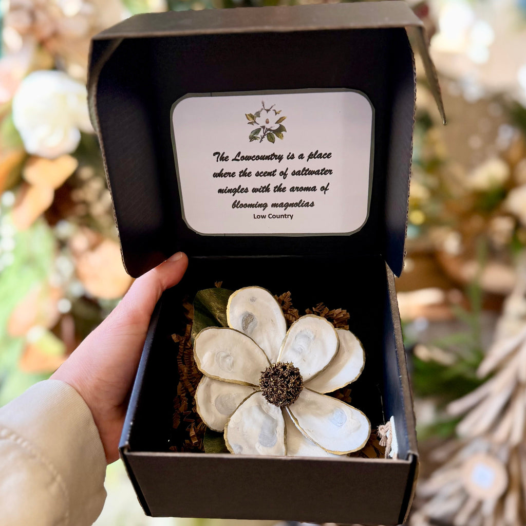 White Oyster Shell Magnolia Flower in Gift Box White Branches Designs