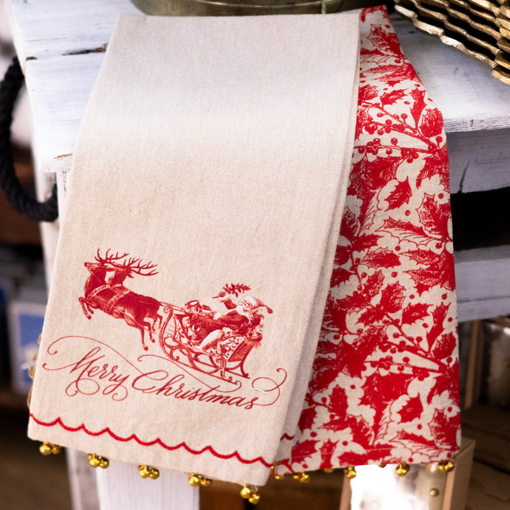 Yuletide Santa on Sleigh Towel with Brass Bells Branches Designs