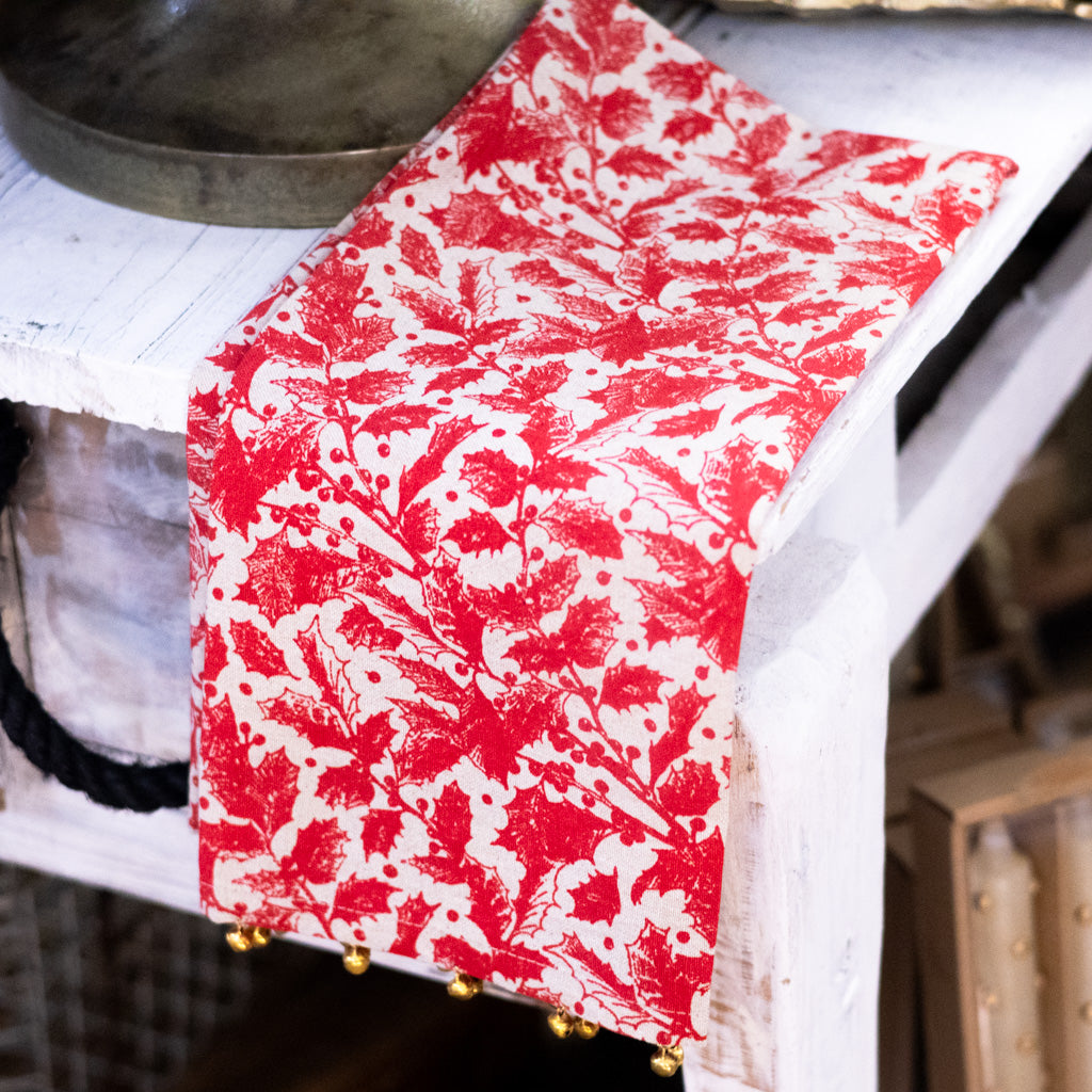 Yuletide Berries and Holly Leaves Towel with Brass Bells Branches Designs