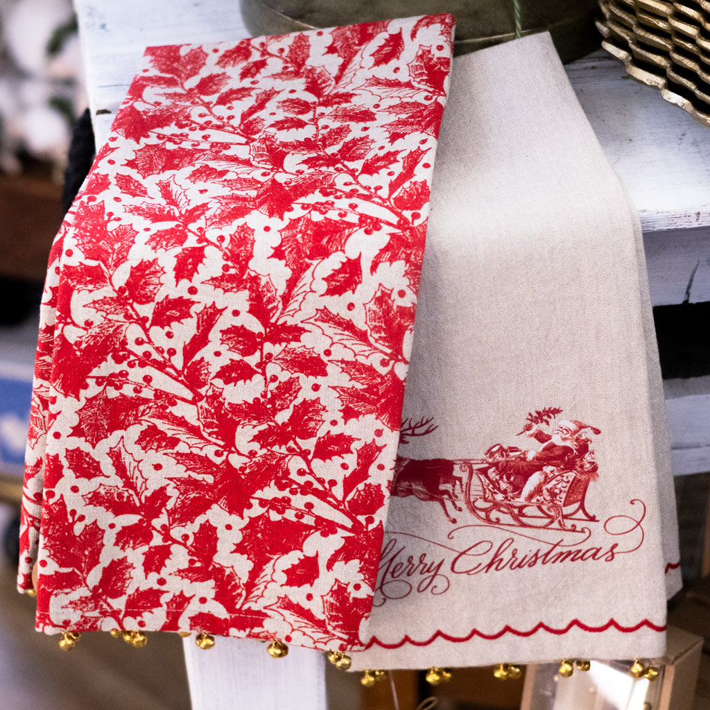Yuletide Berries and Holly Leaves Towel with Brass Bells Branches Designs