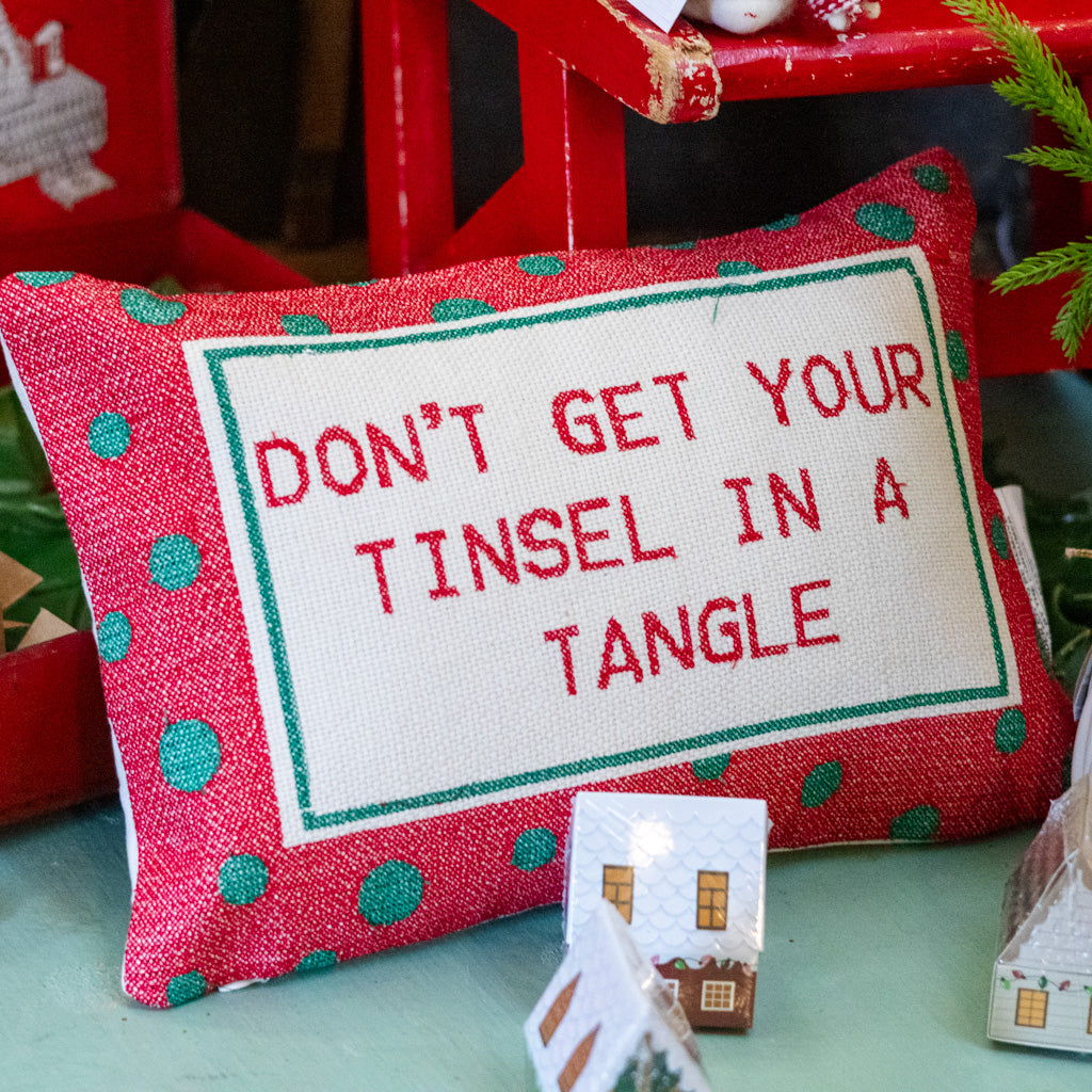 "Don't Get Your Tinsel In A Tangle" with Polka Dots Pattern Cotton Lumbar Pillow Branches Designs