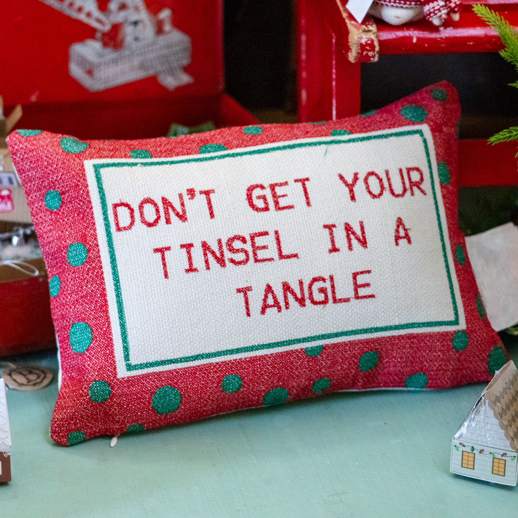 "Don't Get Your Tinsel In A Tangle" with Polka Dots Pattern Cotton Lumbar Pillow Branches Designs