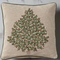 Tan Christmas Tree Pillow with Red and White Ornaments Branches Designs