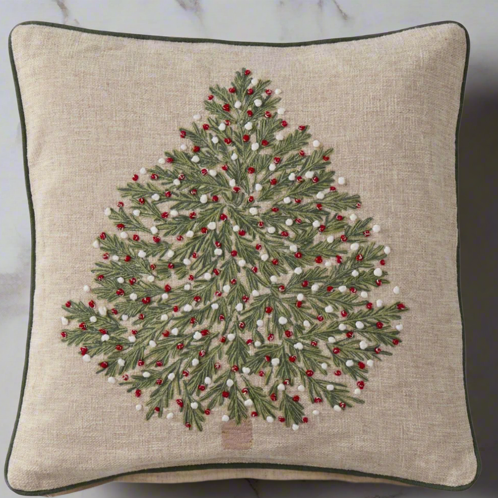 Tan Christmas Tree Pillow with Red and White Ornaments Branches Designs