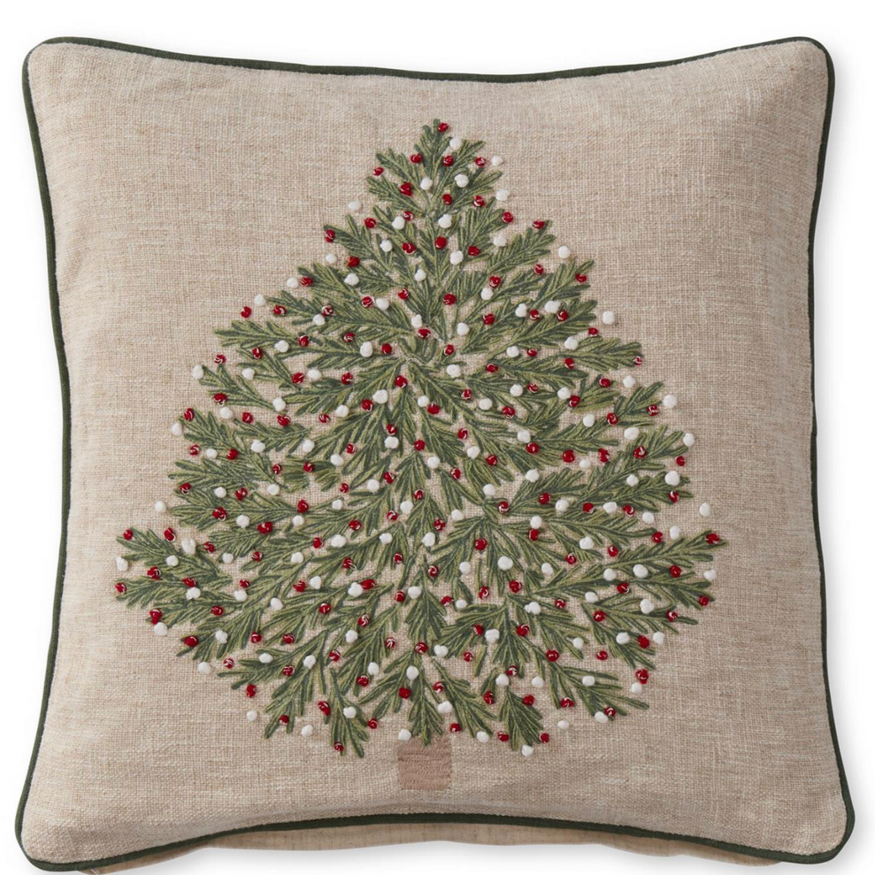 Tan Christmas Tree Pillow with Red and White Ornaments Branches Designs