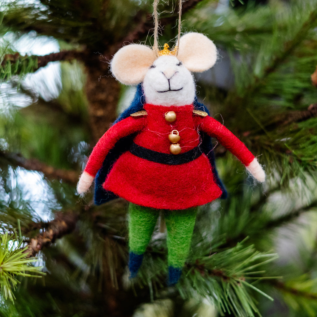 Felt Nutcracker Mouse in Red Jacket, Blue Cap and Gold Crown Branches Designs