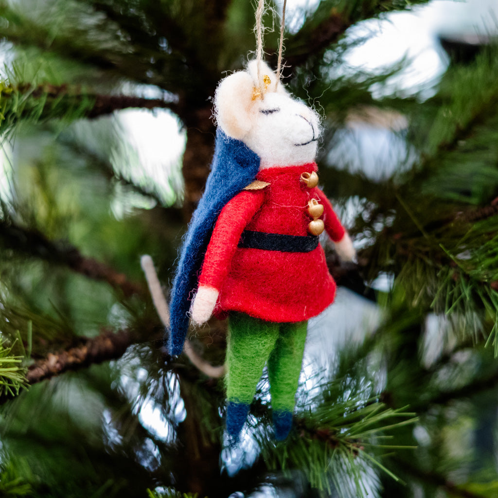 Felt Nutcracker Mouse in Red Jacket, Blue Cap and Gold Crown Branches Designs
