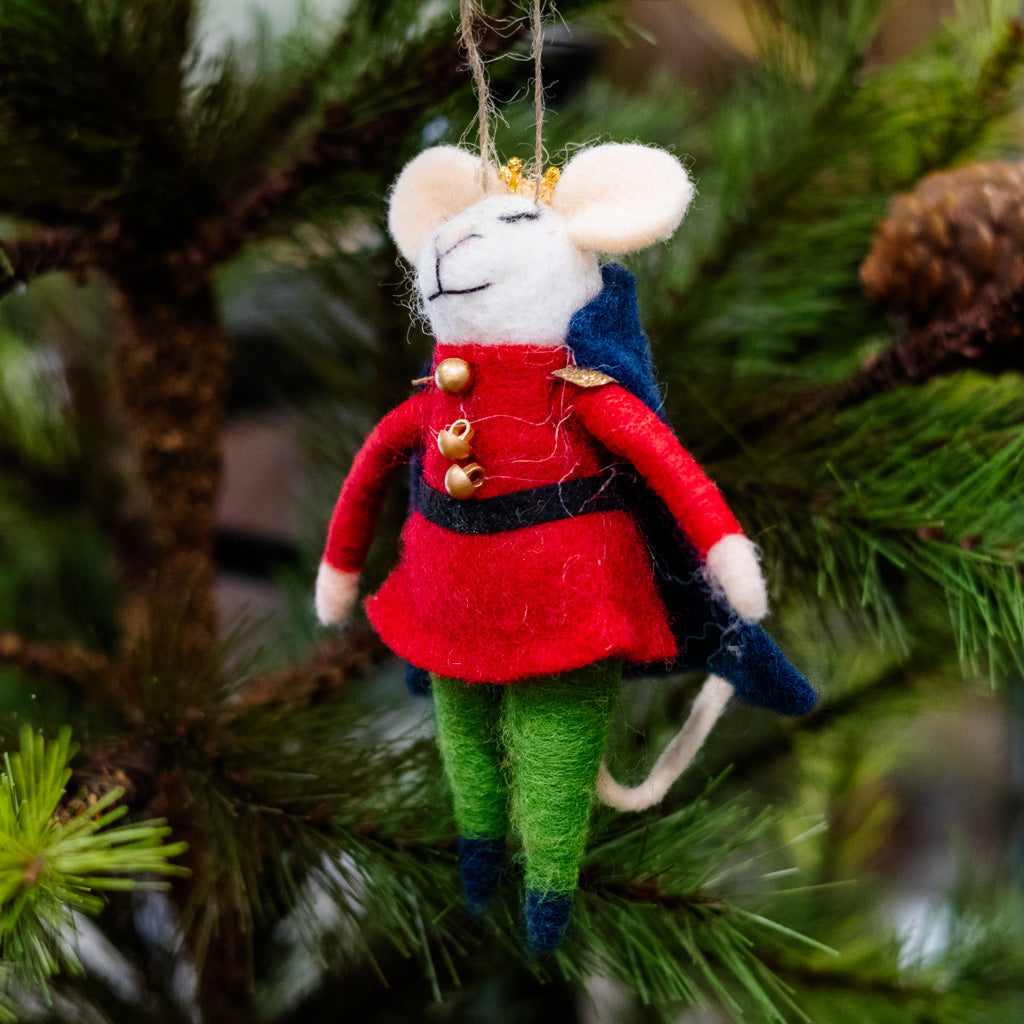 Felt Nutcracker Mouse in Red Jacket, Blue Cap and Gold Crown Branches Designs