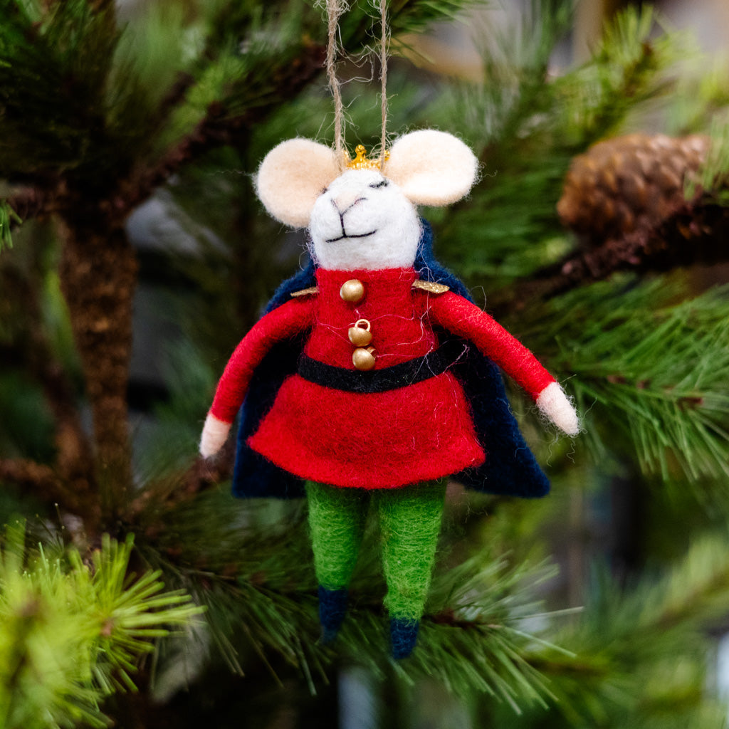 Felt Nutcracker Mouse in Red Jacket, Blue Cap and Gold Crown Branches Designs