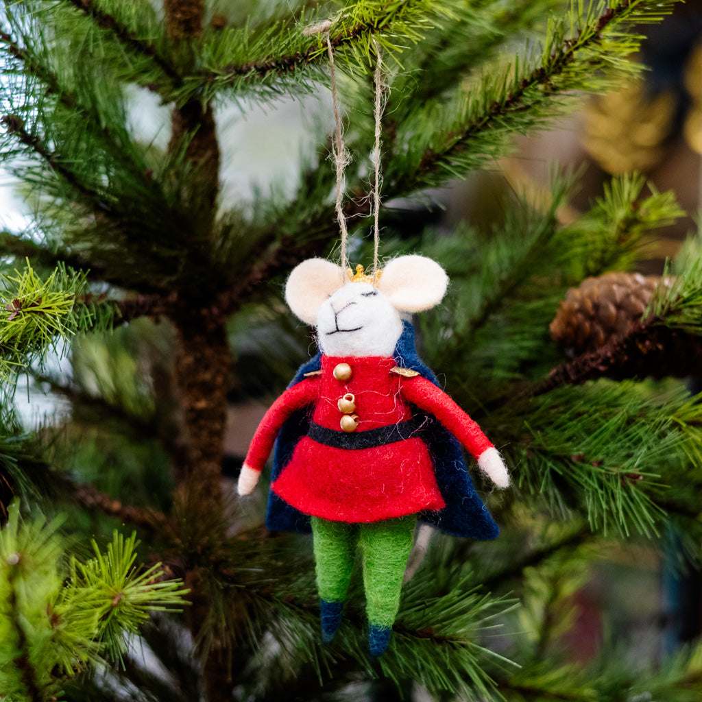 Felt Nutcracker Mouse in Red Jacket, Blue Cap and Gold Crown Branches Designs
