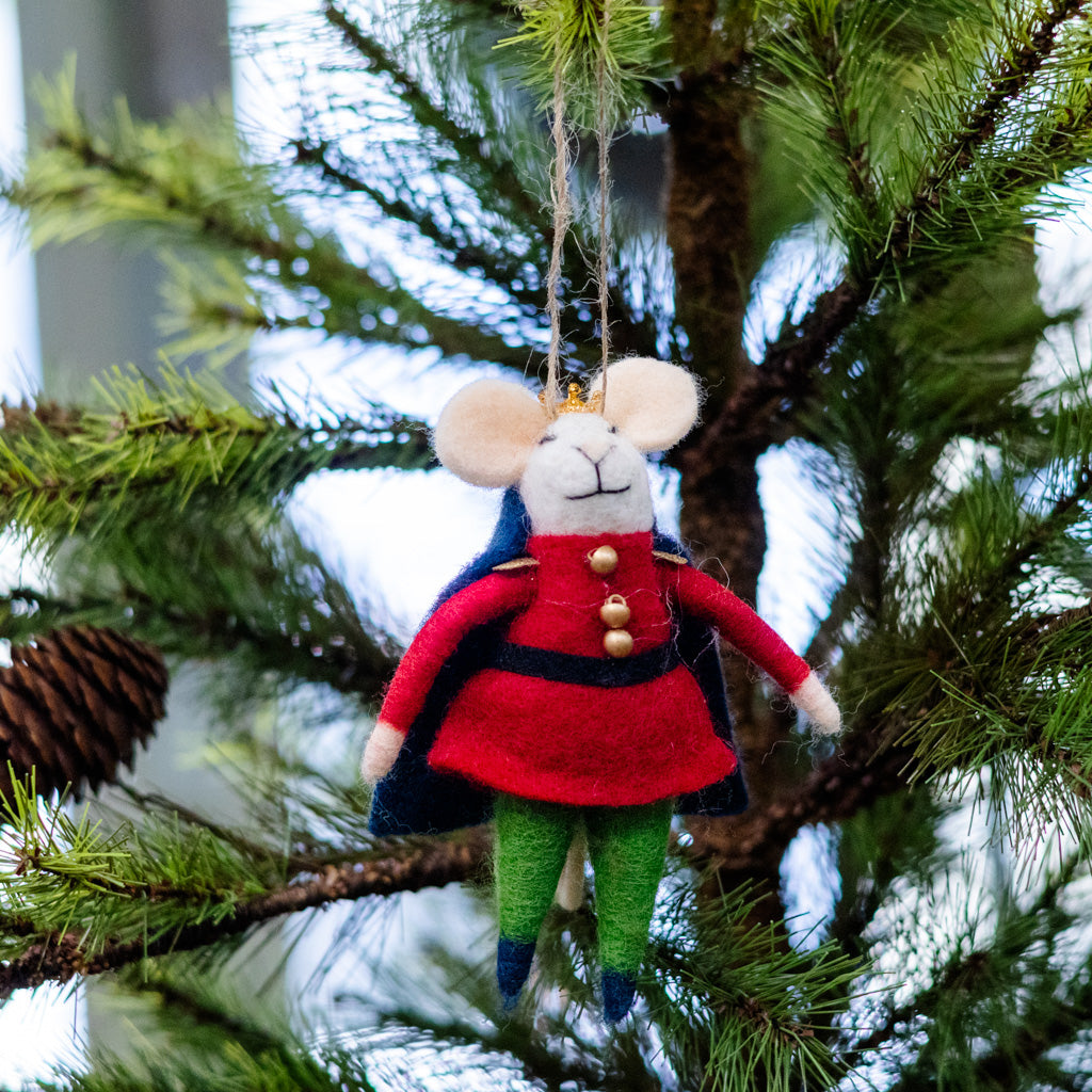 Felt Nutcracker Mouse in Red Jacket, Blue Cap and Gold Crown Branches Designs