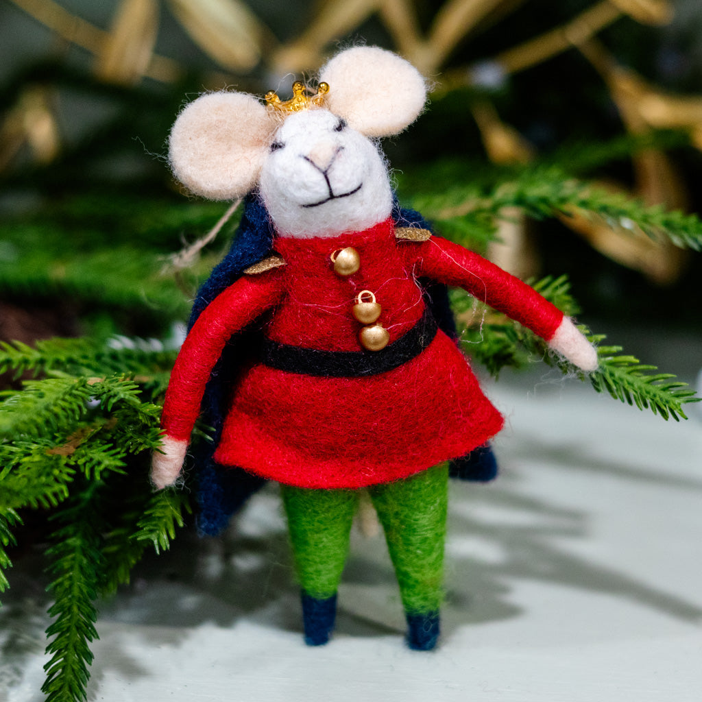 Felt Nutcracker Mouse in Red Jacket, Blue Cap and Gold Crown Branches Designs