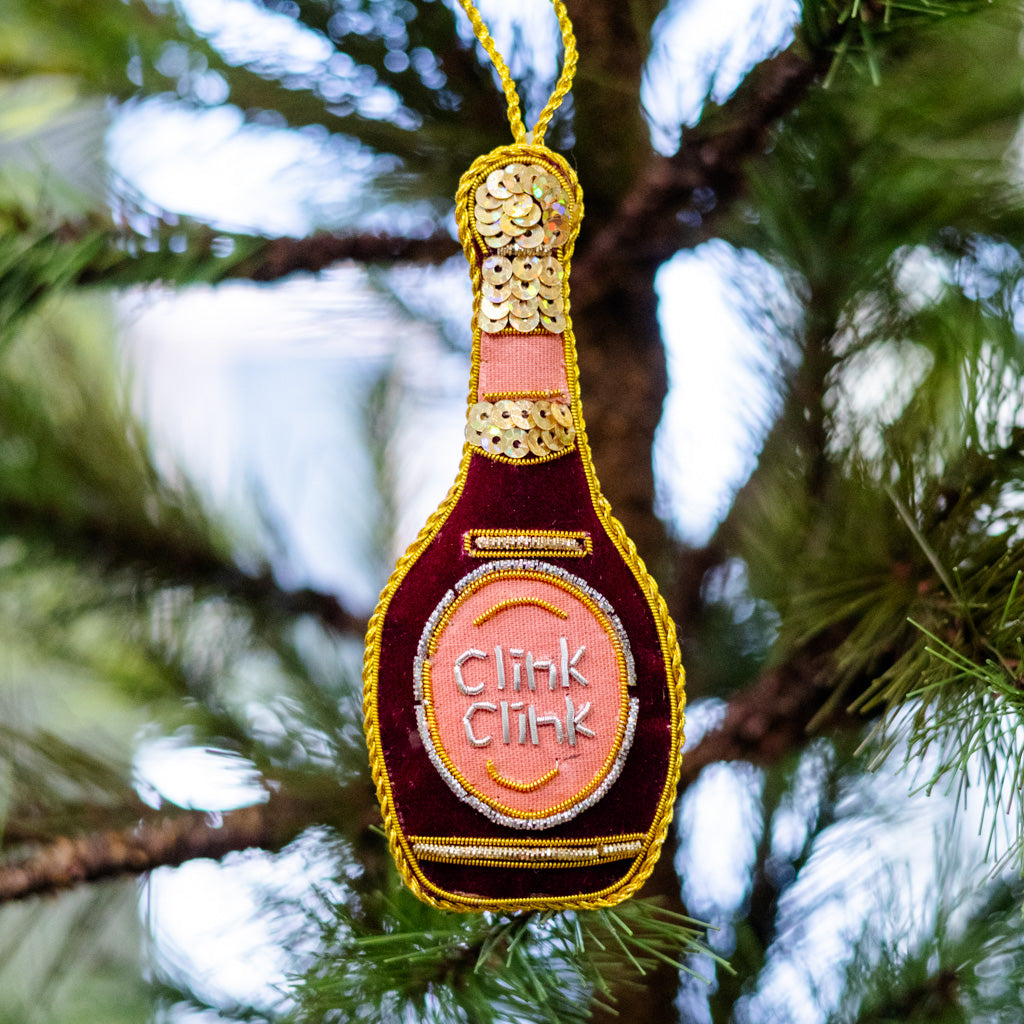 Burgundy Velvet Champagne Bottle Ornament Branches Designs