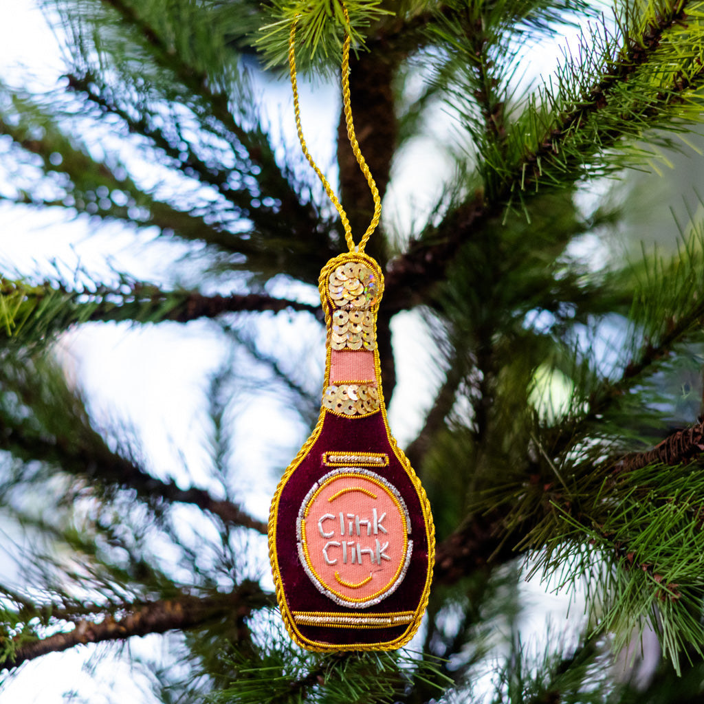 Burgundy Velvet Champagne Bottle Ornament Branches Designs