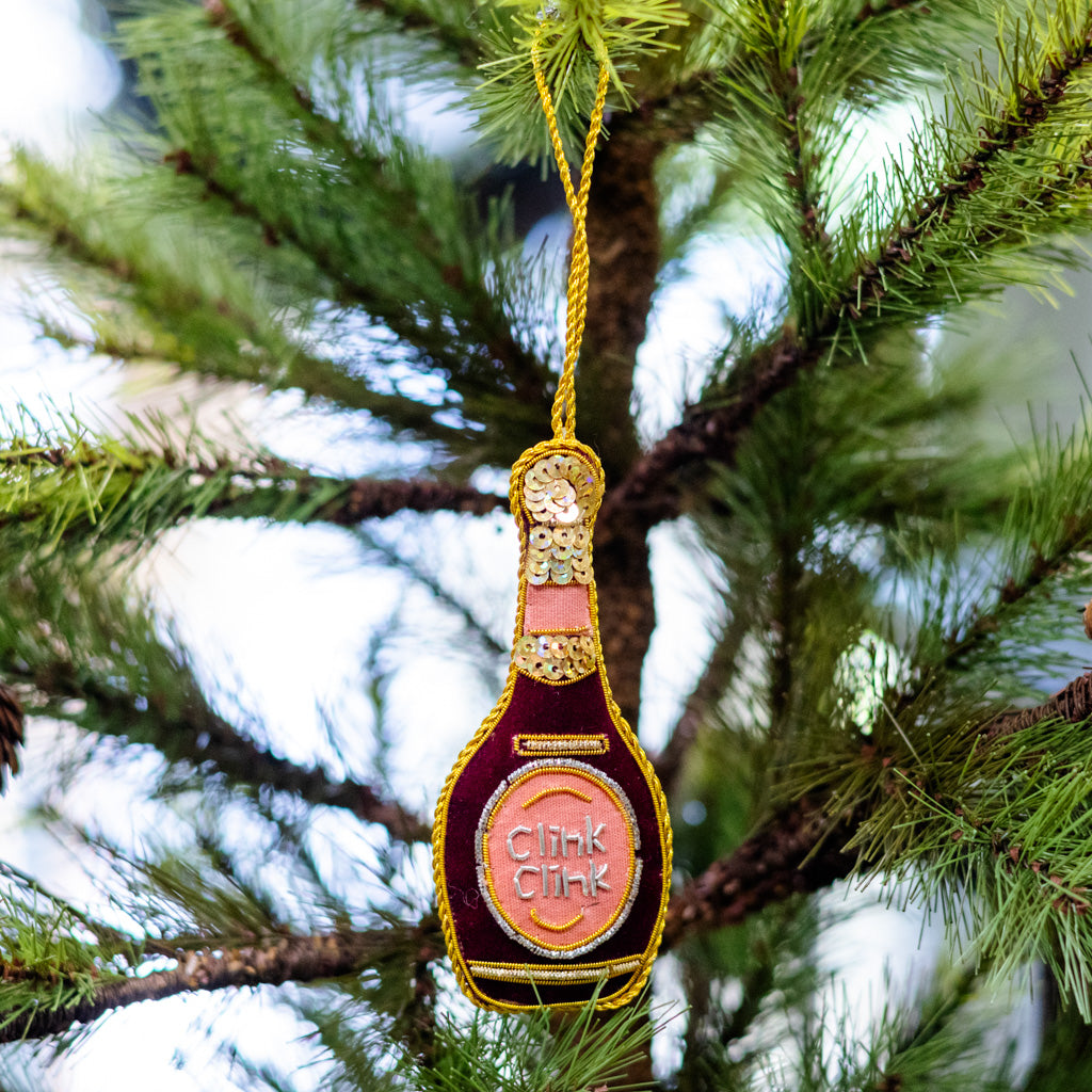 Burgundy Velvet Champagne Bottle Ornament Branches Designs