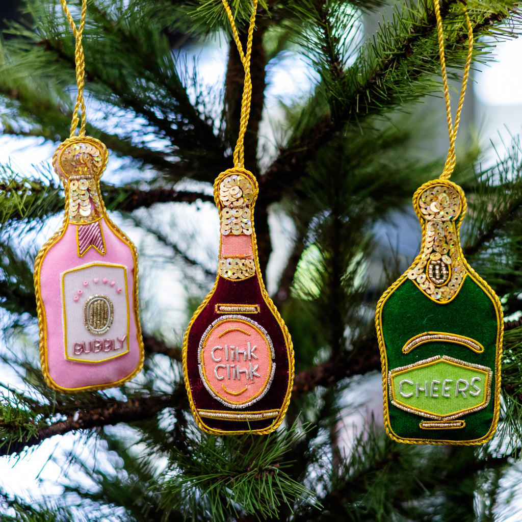 Burgundy Velvet Champagne Bottle Ornament Branches Designs