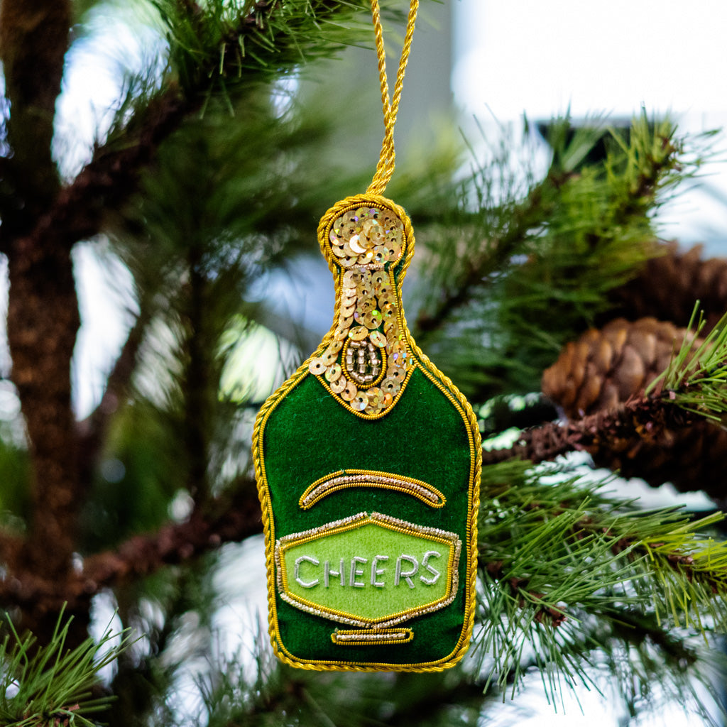 Green Velvet Champagne Bottle Ornament Branches Designs