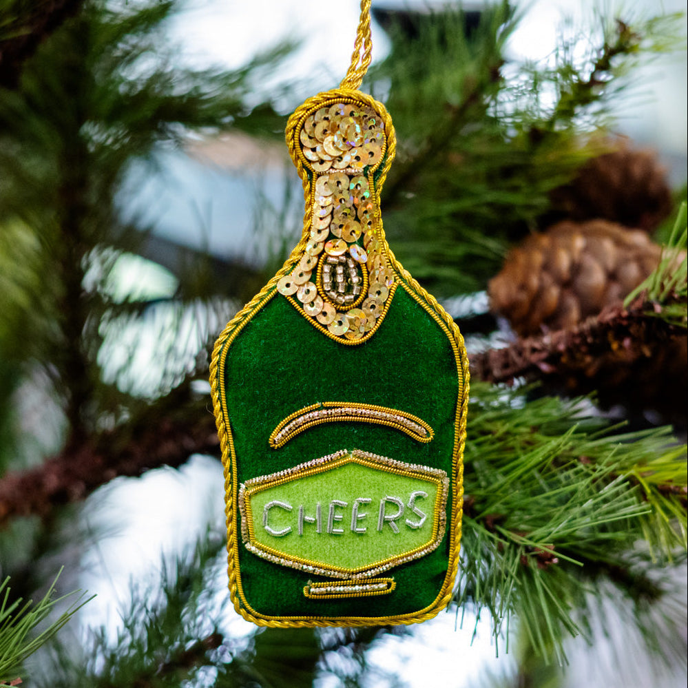 Green Velvet Champagne Bottle Ornament Branches Designs