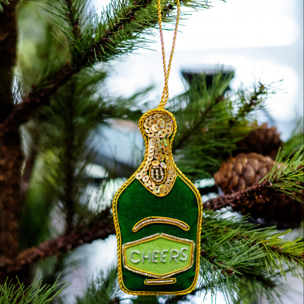 Green Velvet Champagne Bottle Ornament Branches Designs