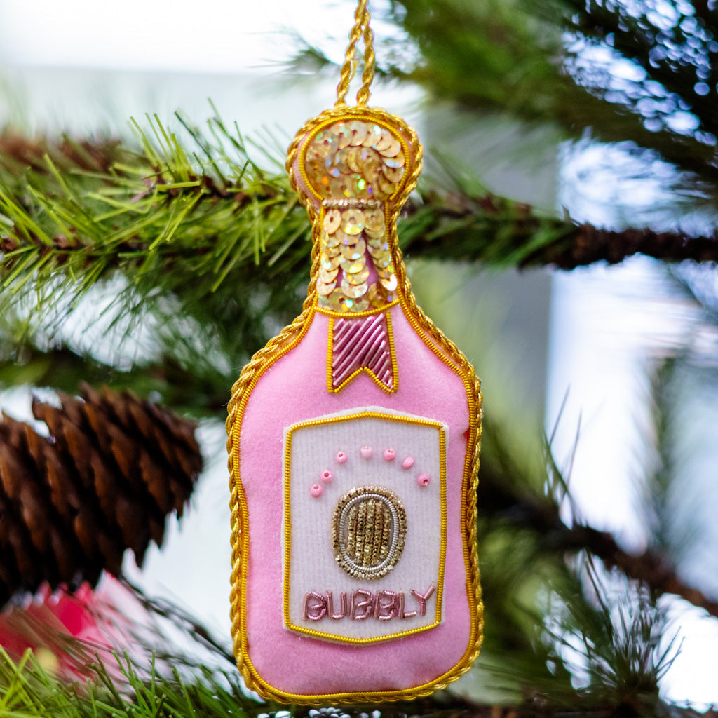 Pink Velvet Champagne Bottle Ornament Branches Designs
